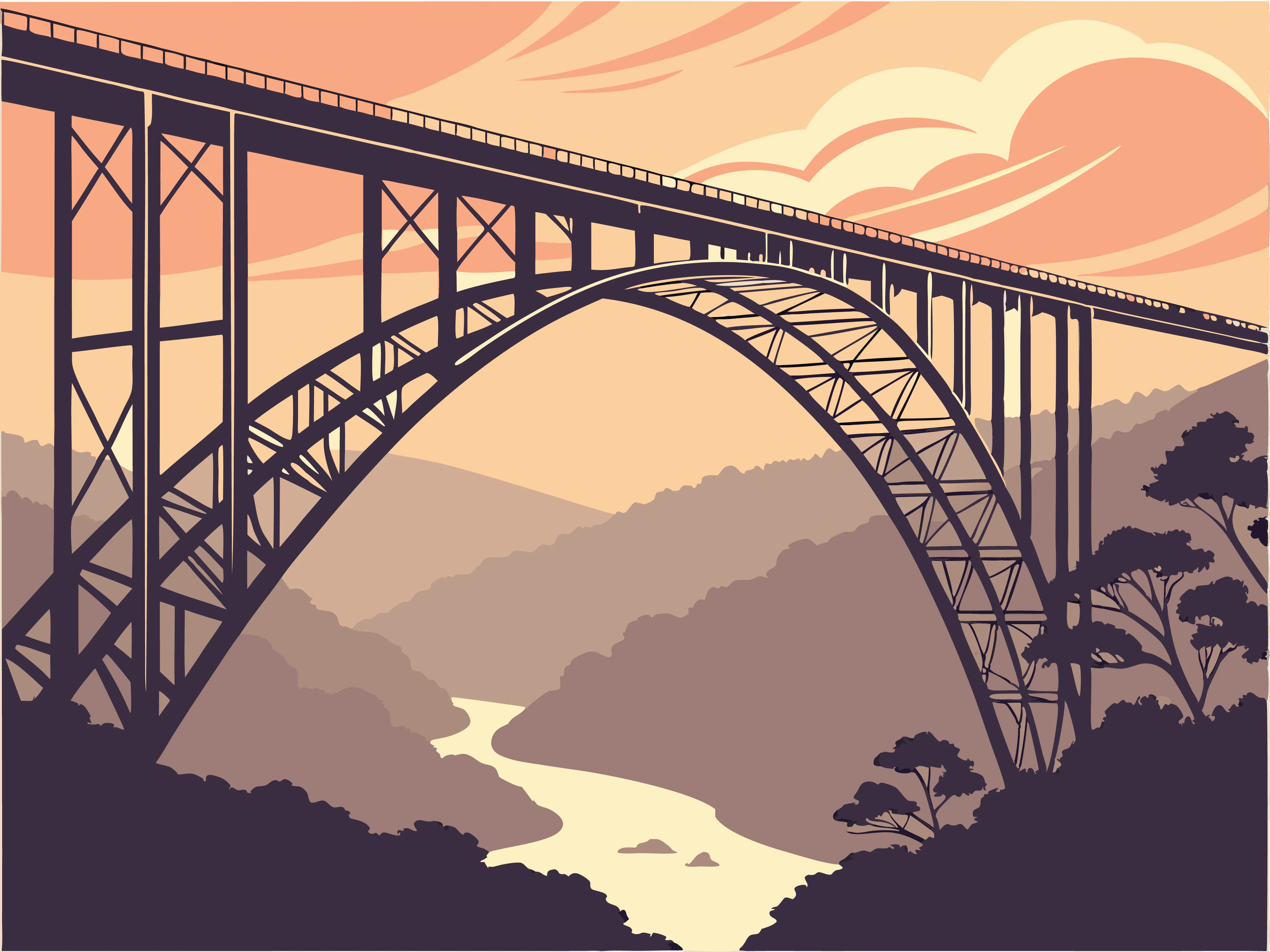 Illustrated travel-poster of the New River Gorge Bridge arching over the river at dusk
