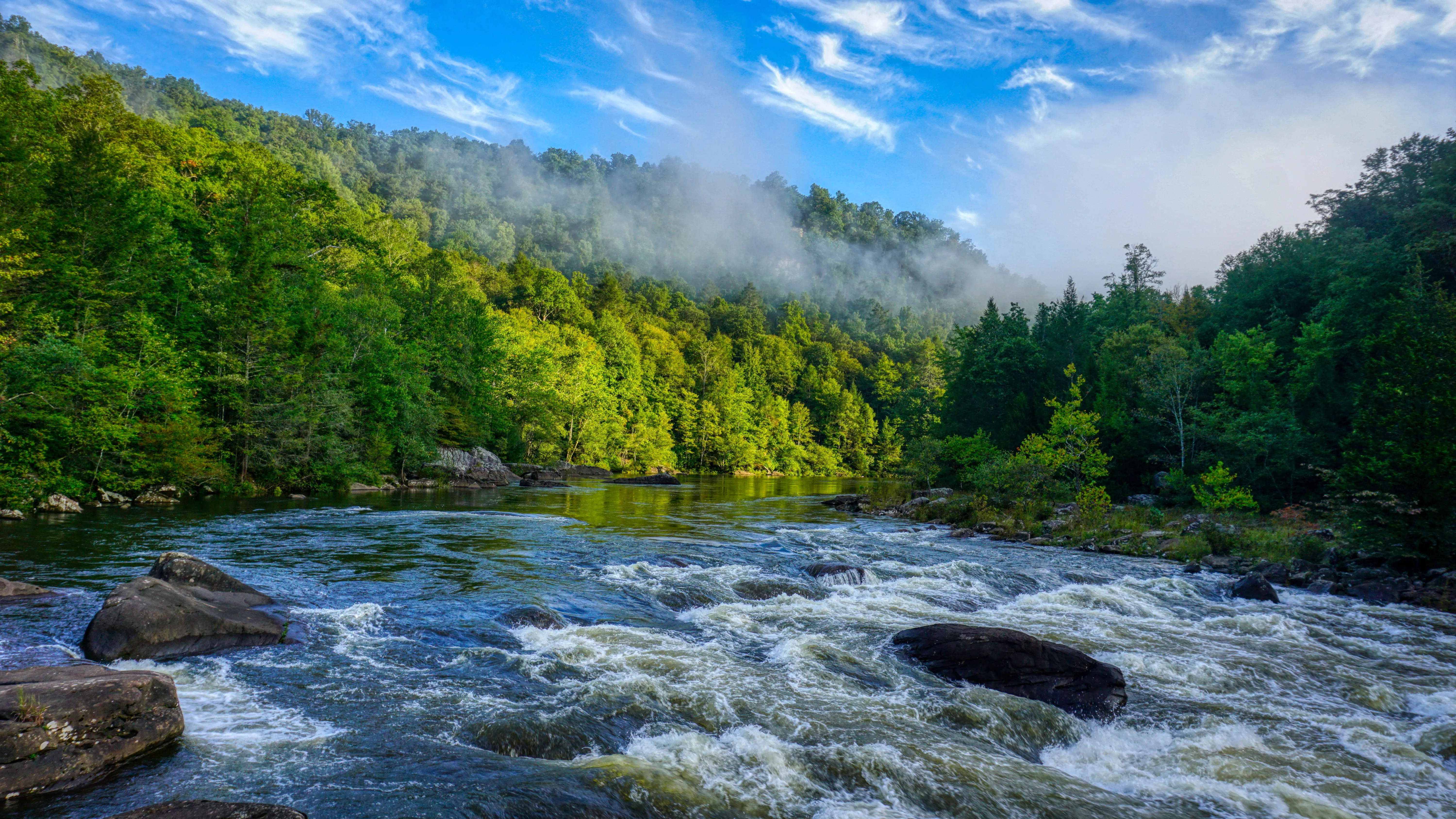 Whitewater rapids on the Gauley River running through misty, forested mountains