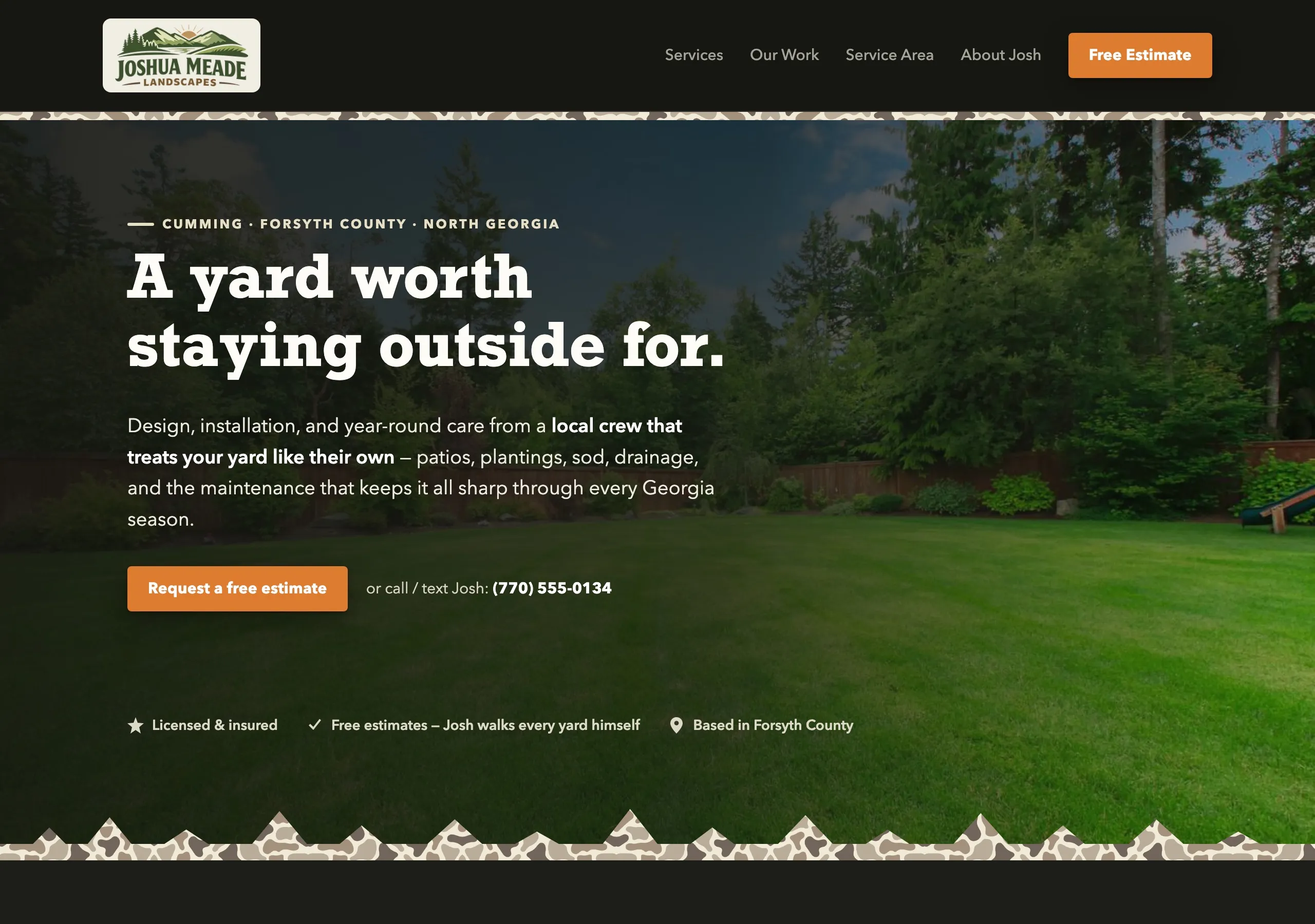 The Joshua Meade Landscapes homepage design: a green mountain logo, “A yard worth staying outside for” headline over a freshly mowed lawn, with duck-camo accent borders