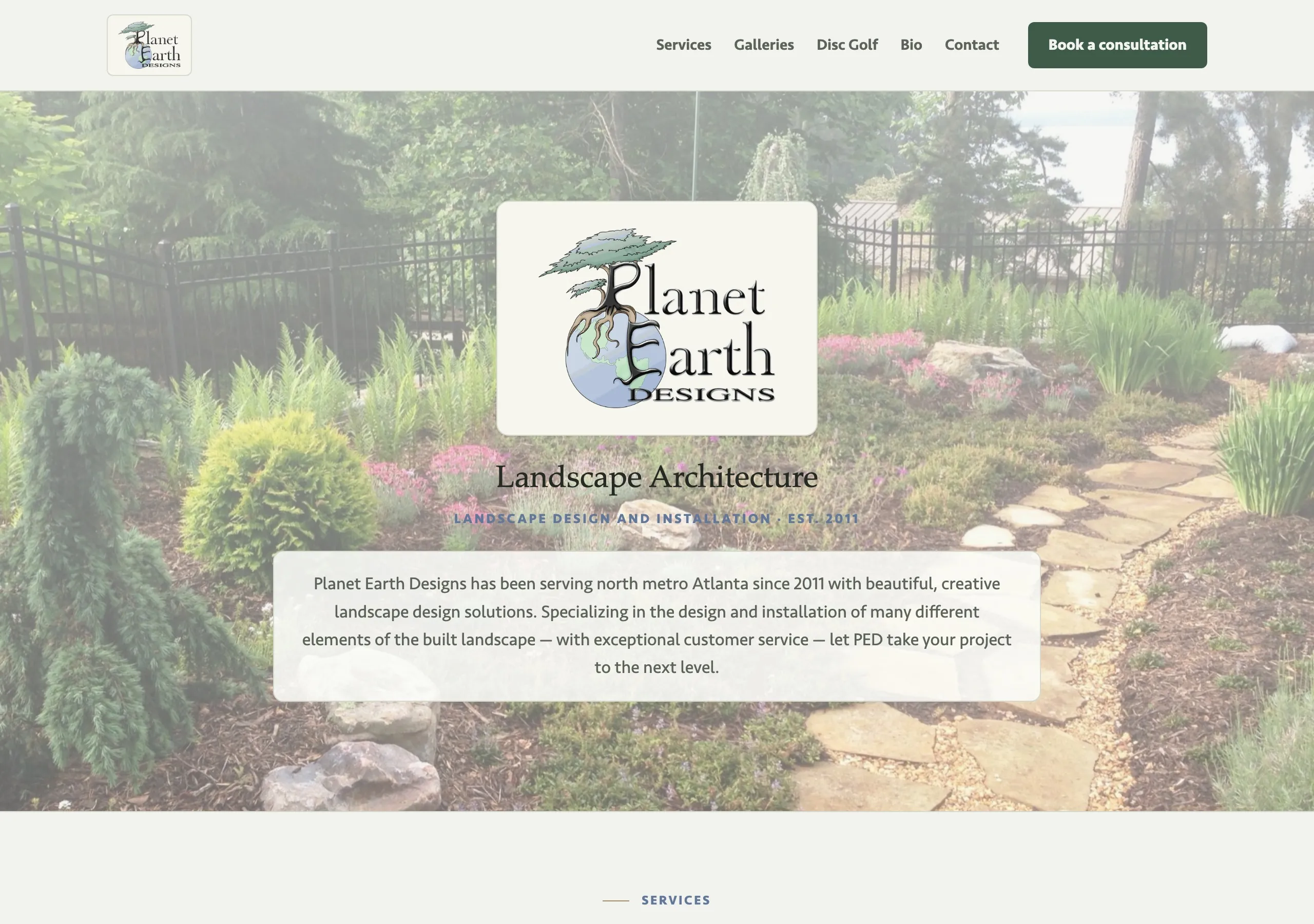 The new Planet Earth Designs homepage: the firm’s hand-drawn tree logo over a lush garden path photo with a Book a Consultation button